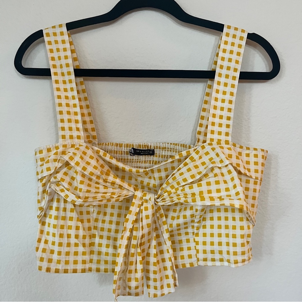 Zara Yellow Gingham Bow Front Crop Top Large Smocked Back Cotton